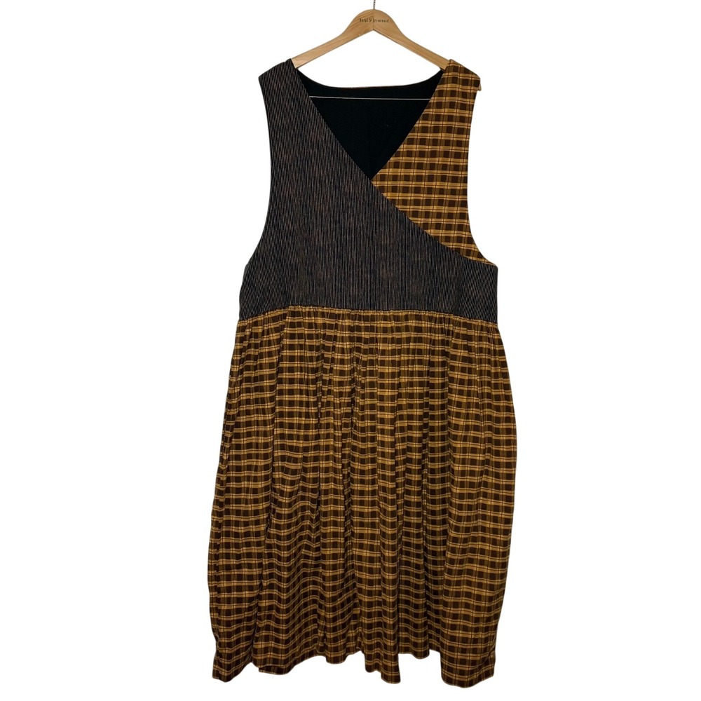 Vintage Handmade Plaid Pinstripe Jumper Dress Plus Size Cotton Blend Maxi Brown